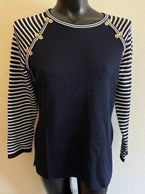 St. John Sport By Marie Gray Wool Blend Navy White Stripe Sweater-Petite